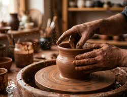 Potter shaping clay on a pottery wheel